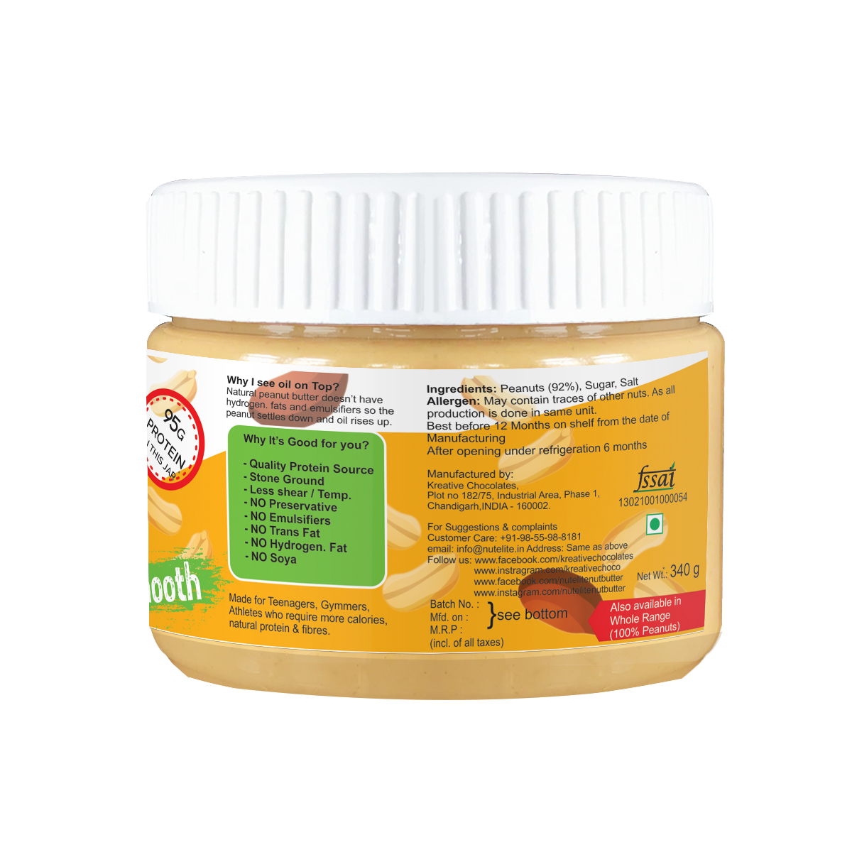 Nutelite Natural Peanut Butter (Pro Health) - Stone grounded - Smooth - 340gm - Image 2